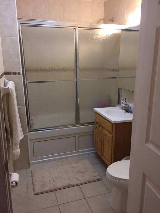 The bathroom + large shower/tub