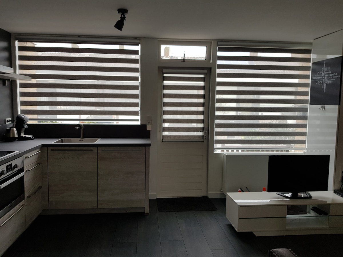 The image displays a modern kitchen area with a minimalist design. Dual horizontal striped window coverings allow natural light to filter in. A door leads to the outside, while an entertainment unit accommodates a television. The cabinetry features a light wood finish complemented by dark countertops.