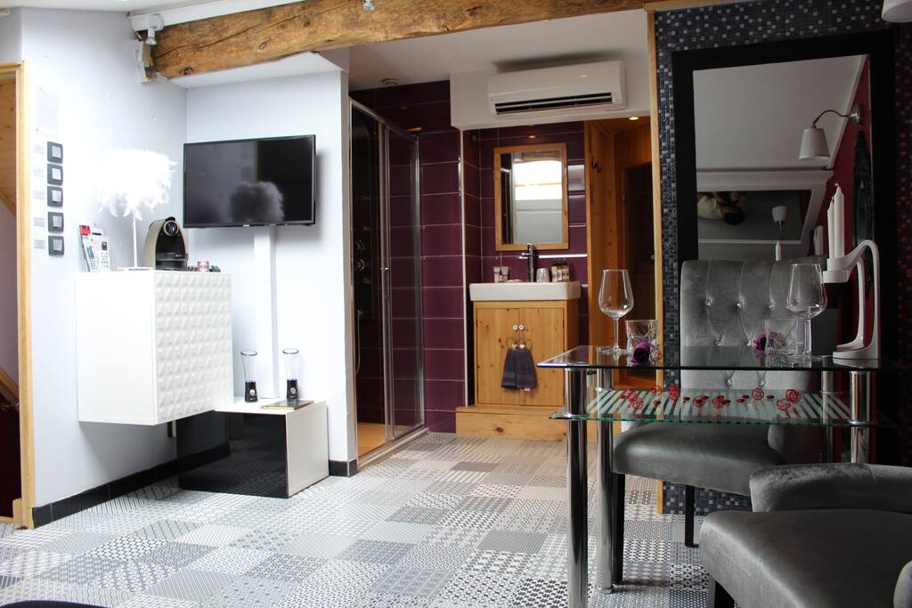 l'espace salle de bain est au fond de la chambre