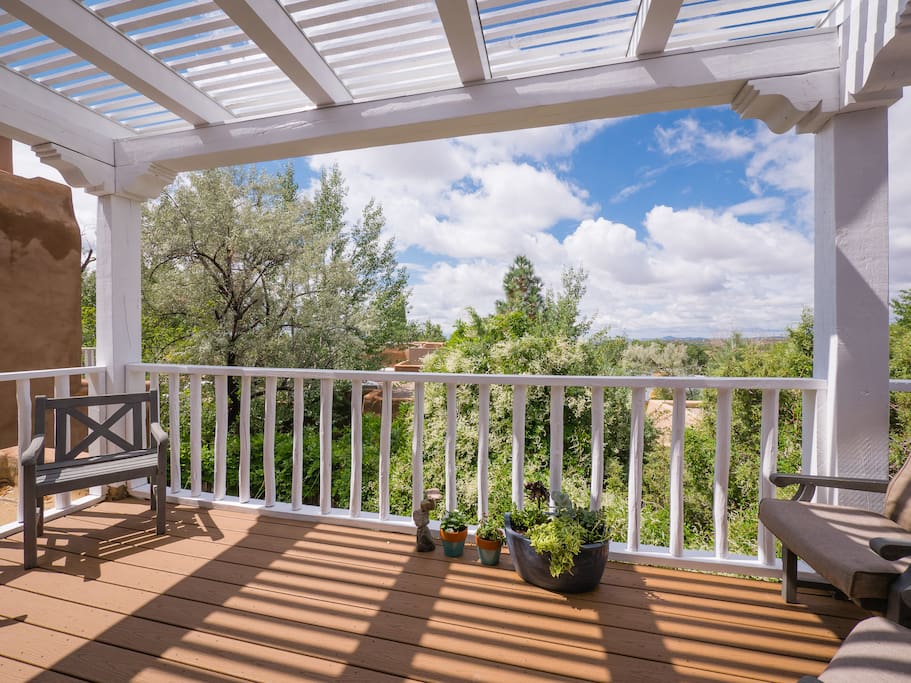 Outdoor seating and great view of Santa Fe's blue sky