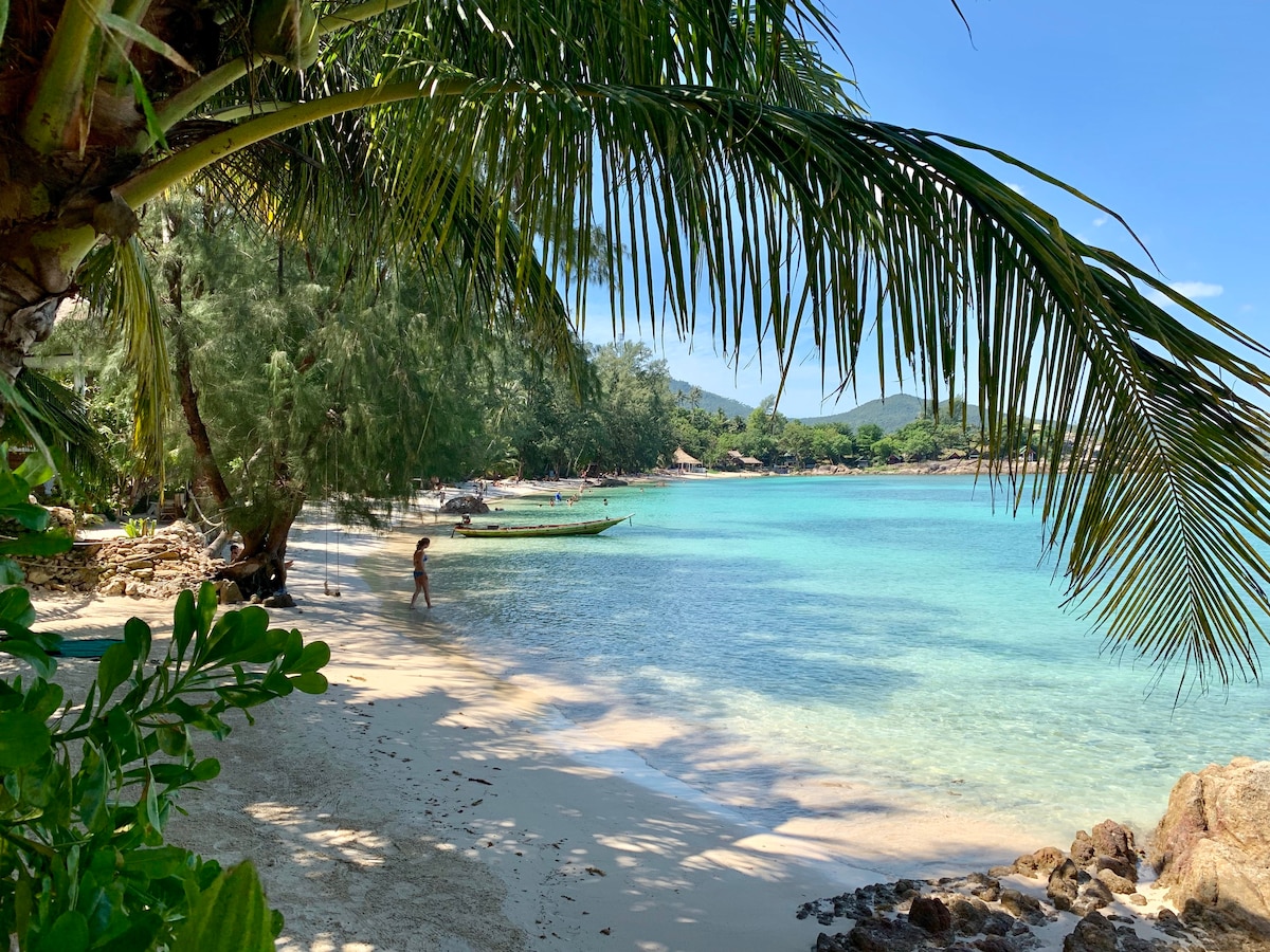 A serene beach scene is framed by lush palm leaves, revealing a tranquil turquoise bay. A person stands at the water's edge, with gentle waves lapping at the soft sand. In the distance, local fishing boats are anchored, surrounded by verdant hills.
