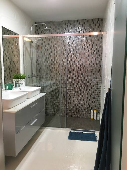 Master bedroom on-suite with double sink and shower.