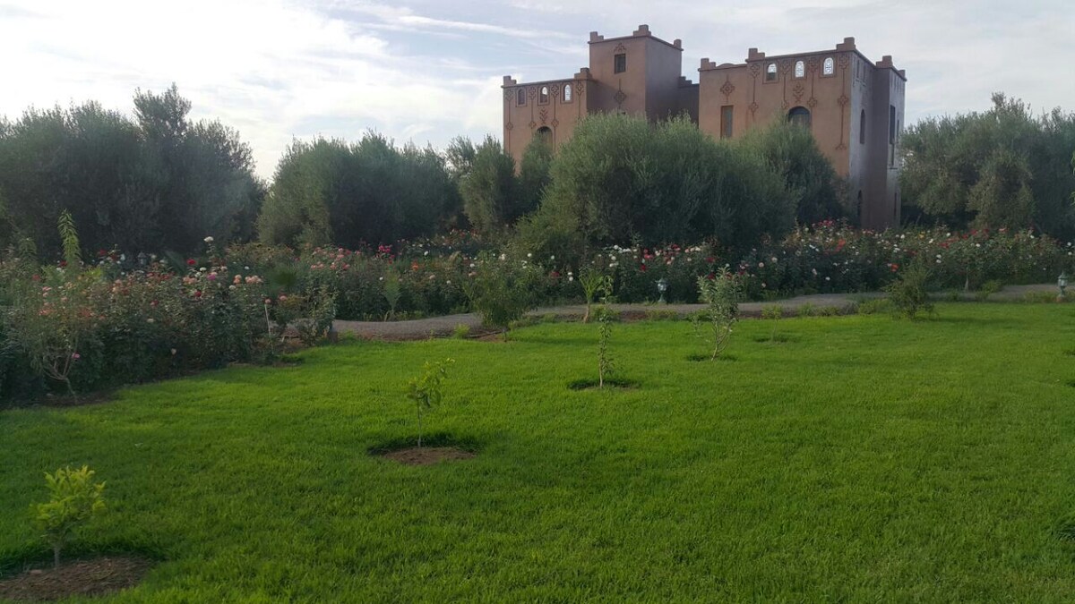 A well-maintained garden features lush green grass, interspersed with small trees and blooming rose bushes. In the background, a distinctive architectural structure stands among olive trees, contributing to the serene landscape.