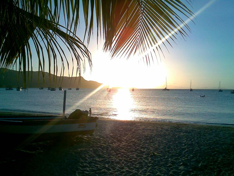 A serene beach scene captures the sun setting over calm waters. Silhouetted boats rest on the horizon, framed by delicate palm fronds. The soft sand in the foreground enhances the tranquil atmosphere, inviting moments of relaxation.
