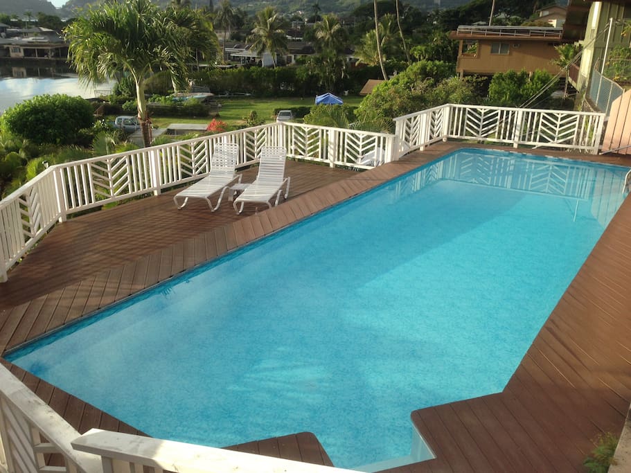 Fully fenced for safety, steps down to the sundeck allow swimmers to still enjoy the view