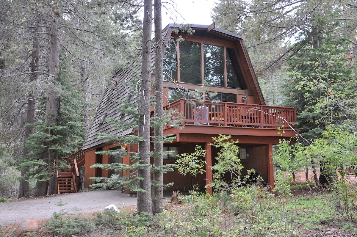 The Aloha Cabin features a distinct A-frame architecture surrounded by tall trees. Large windows allow natural light to flood the interior, while a welcoming deck extends from the second floor. The flat driveway leads to the entrance, enhancing accessibility in all seasons.