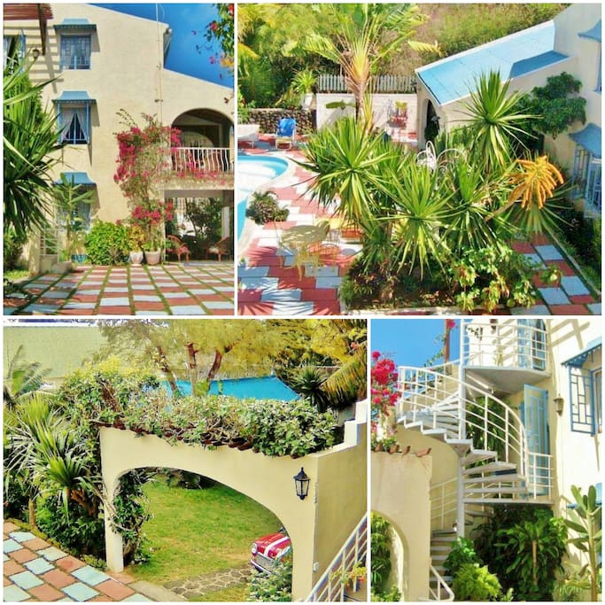 Vue exterieur bungalows, jardin tropical, piscine