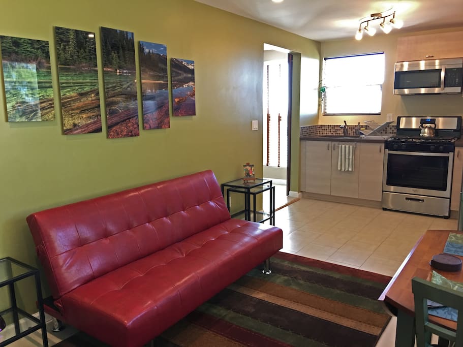 When you enter the apartment, you see the living room and kitchen. This sofa can fold out as a second bed.