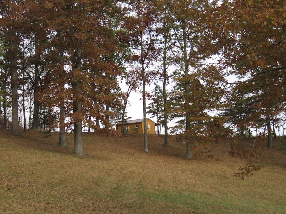 This small cabin sits on top of a hill, all by itself, with no other cabins or buildings in sight!