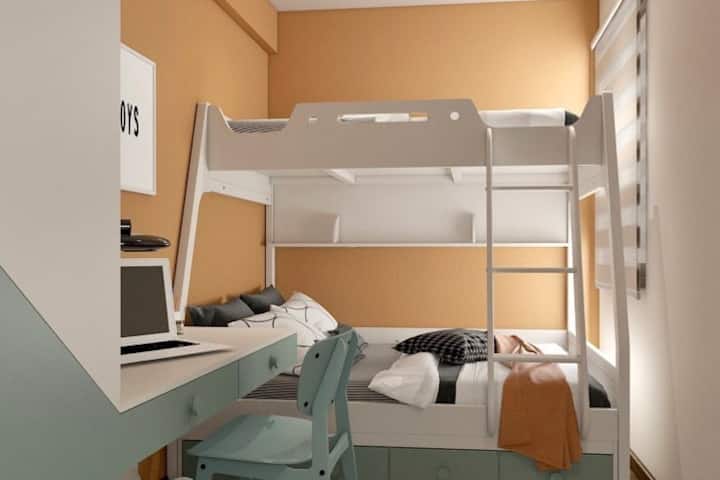 Bunk bed is great for an adult person below and a child above.