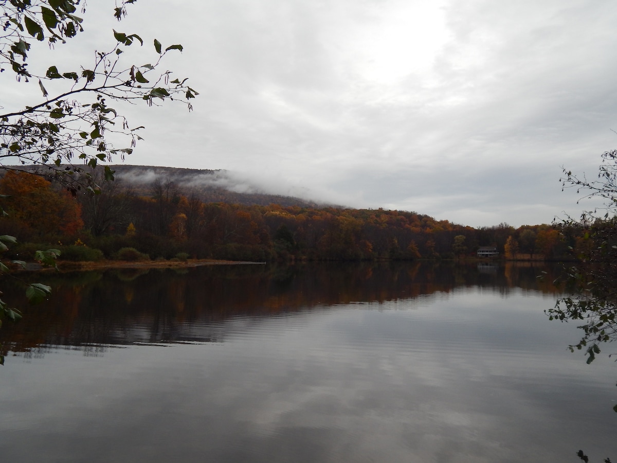 A calm view of Tillson Lake is presented, showcasing a reflective surface mirroring the surrounding autumn foliage and low-hanging clouds. Shades of orange and yellow dominate the trees lining the shore, creating a serene natural landscape.