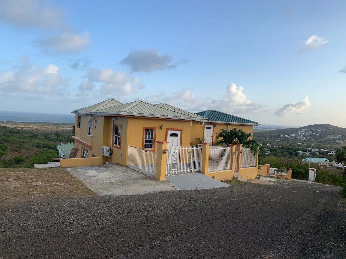 A yellow house with a green metal roof is positioned on a hillside, providing expansive views of the surrounding landscape and ocean. A paved driveway leads up to the entrance, which is flanked by palm trees. The structure is set against a backdrop of softly rolling hills.