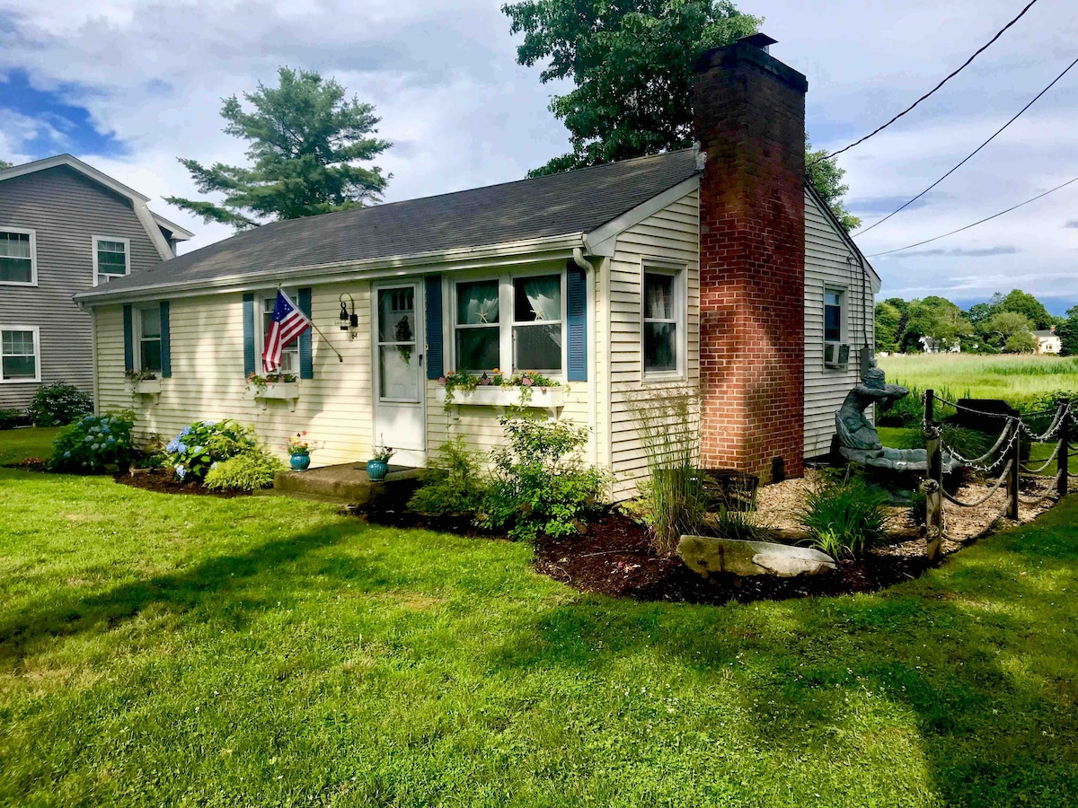 A charming beach home is showcased, featuring a neatly maintained exterior with an American flag displaying at the front. Greenery surrounds the house, complemented by colorful potted plants and a small stone pathway that leads to the welcoming entrance.