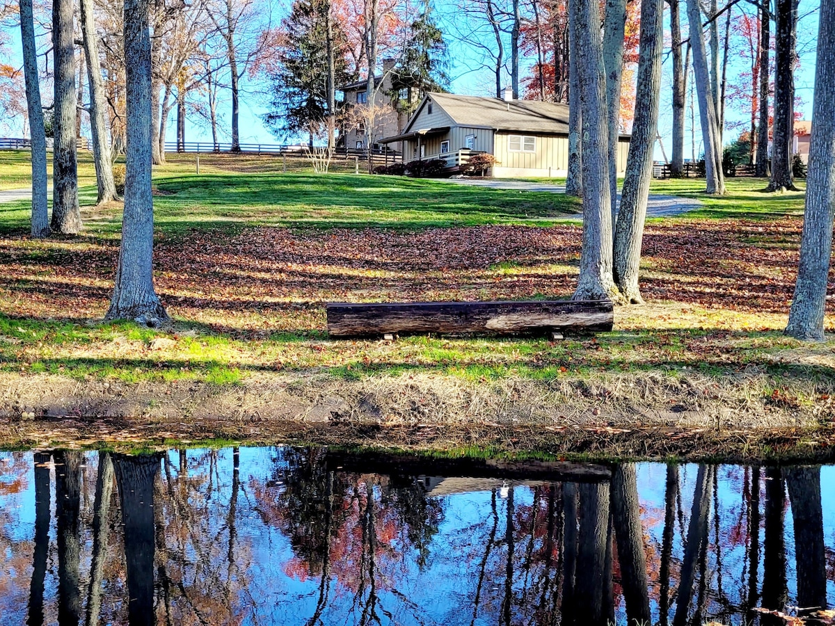 A serene view of a cottage reflected in a pond, surrounded by tall trees with autumn foliage. The landscape features a gently sloping lawn, showcasing vibrant leaves carpeting the ground and clear blue skies above.