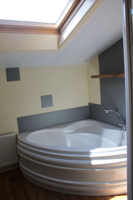 Luxe badkamer met douchecabine en ligbad.