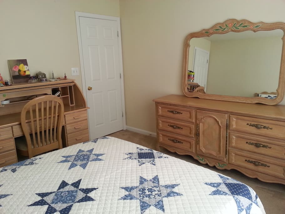 Dresser, mirror, and desk