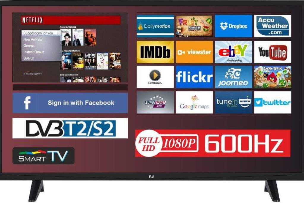 New 32 inch smart television installed at January 2019 on a base the can have different directions, where you can see the mirror of your self-phone or via our wifi you can see films from internet in your own language or youtube television, internet channels from your country.