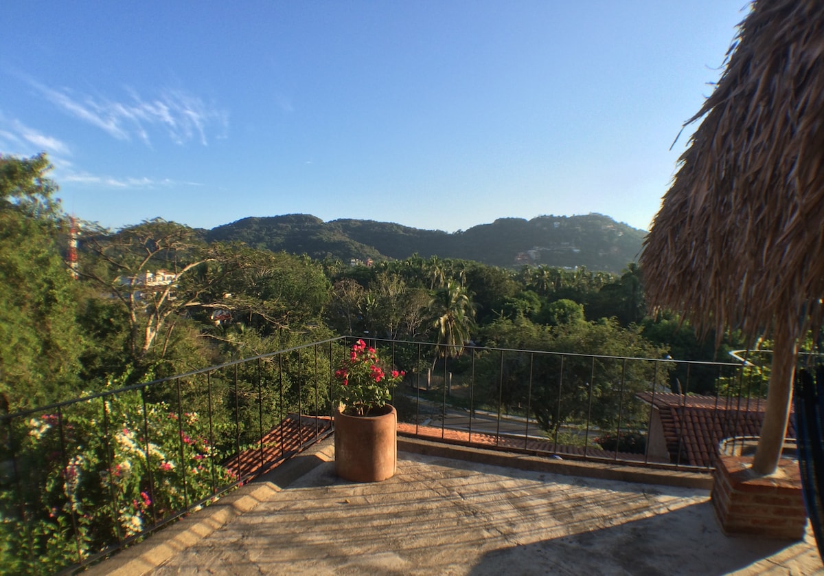 A peaceful rooftop terrace is adorned with a potted plant, offering panoramic views of the lush, green hills and tropical foliage. The seating area features a palapa-thatched roof, providing shade while inviting guests to relax and enjoy the surrounding natural beauty.