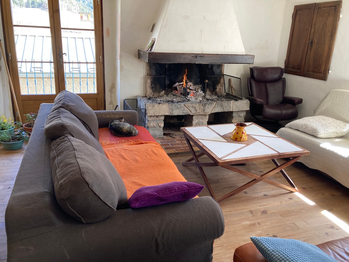 A cozy living area features a stone fireplace with a warm fire glowing inside. A spacious brown sofa, accented by colorful throws, is positioned near a wooden coffee table. Two armchairs are visible, alongside small plants by the window offering natural light.