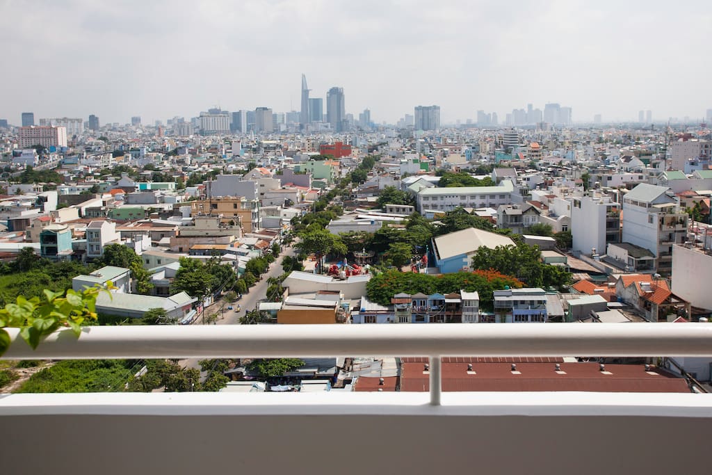 Enjoy this view of the city skyline through our living room and balcony