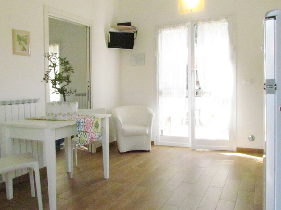 Ingresso - con soggiorno e angolo cottura accessoriato ed arredato , sat.tv , tavolo sedie e poltrona cassetta di sicurezza con uscita nel giardino privato piastrellato recintato