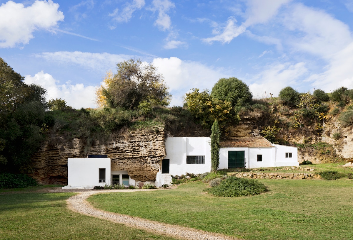 A unique troglodite house, nestled within a stone quarry, is framed by a lush green landscape. The white structure features large windows and a green door, merging harmoniously with the natural surroundings. A gravel path leads up to the entrance, inviting exploration of the property.