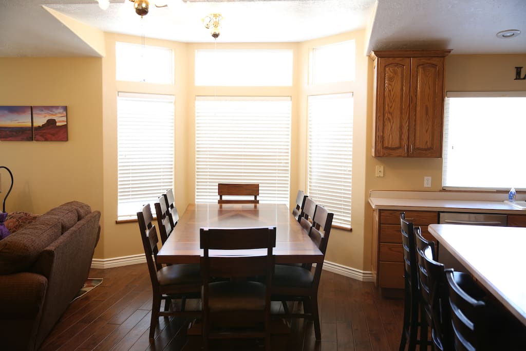 ample seating in the open bright kitchen