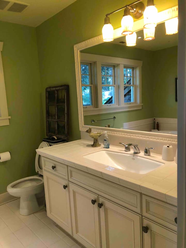 Sink, vanity, toilet adjoining queen bed room