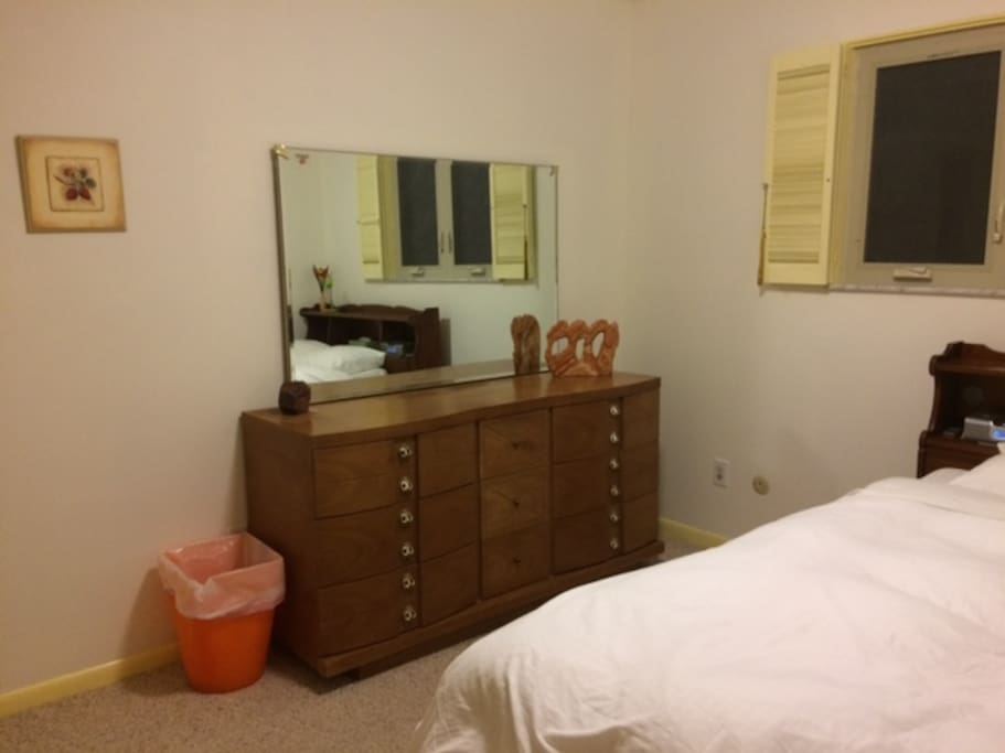 Inner bedroom with a full size bed (comfortable for two) and large empty dresser