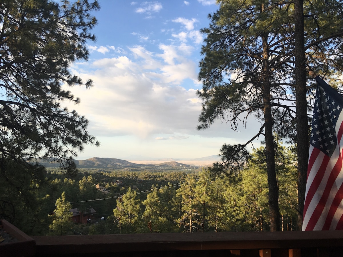 A scenic view from the cabin deck captures expansive greenery framed by towering pine trees. The distant mountains and cloud-studded sky are visible, with the American flag gently waving in the foreground, providing a sense of connection to nature.