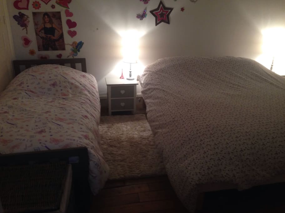 Chambre avec 1 lit 140 et 1 lit 90, grande armoire, fenêtre donnant sur la rue avec double vitrage.