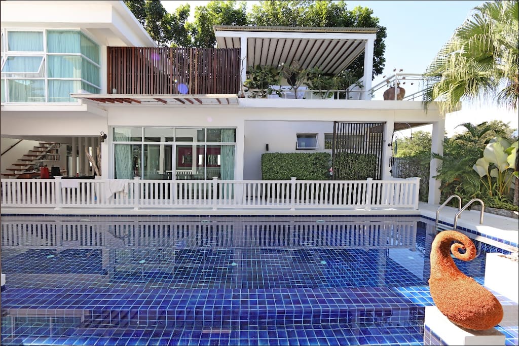 The pool has a shallow side