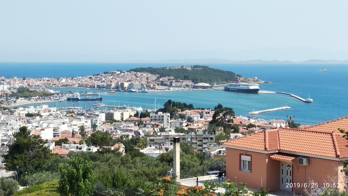 A panoramic view of the city and harbor of Mytilene is visible, featuring a vibrant coastline alongside the deep blue sea. Olive trees and greenery foreground the scene, while the rooftops of nearby houses are seen in the lower part of the image.