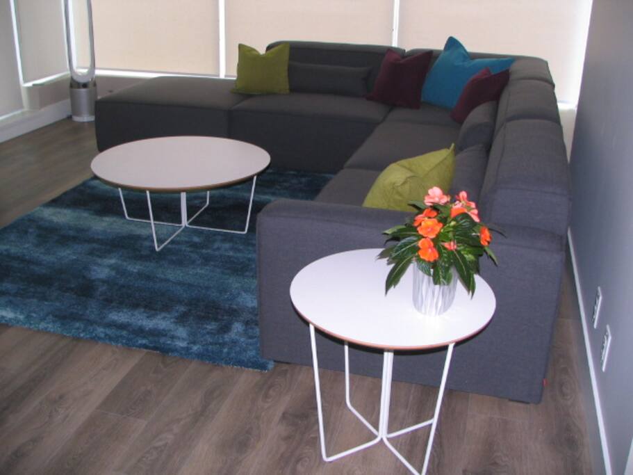 Our living room with comfy sectional.