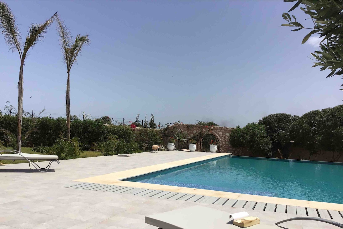 The outdoor area features a serene swimming pool surrounded by a tiled patio. Lush greenery and palm trees provide a natural backdrop, while comfortable loungers are positioned by the water's edge for relaxation.