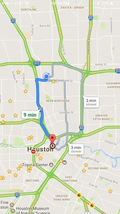 9 minutes by car from downtown Houston hotspots, and 3 blocks from rail access to anywhere in the city