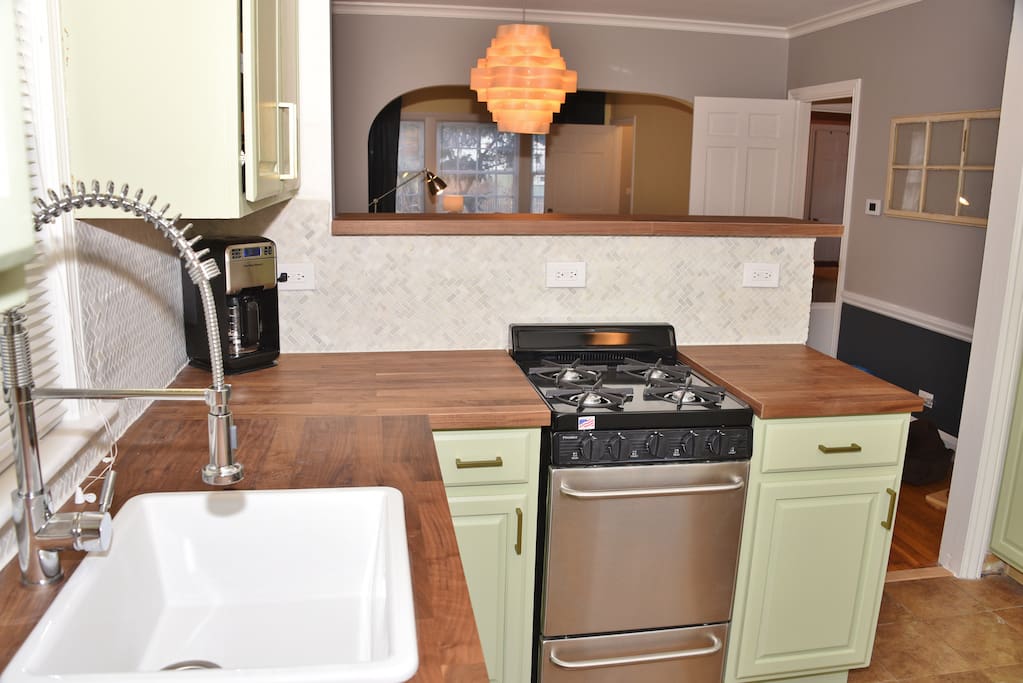 Kitchen with new cabinets and new stainless steel oven