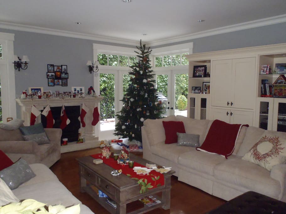 Family living area with kitchen at Christmas time
