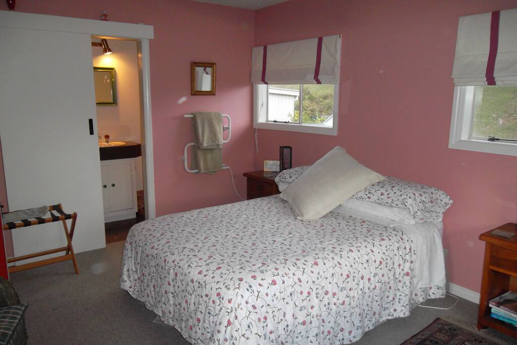 The Pink Room. One double and one single bed, private bathroom, coffee and tea making facilities and private entrance.