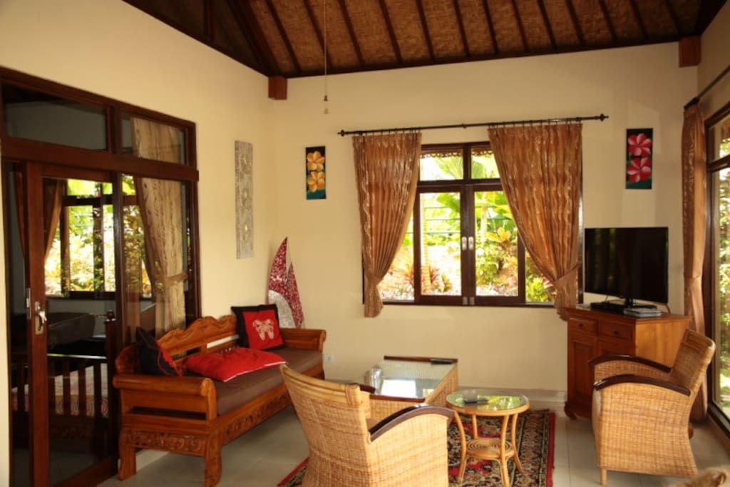 Living room with TV and DVD player - lots of DVDs