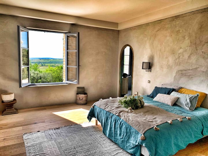 First floor room of the tower with king size bed and bathroom 