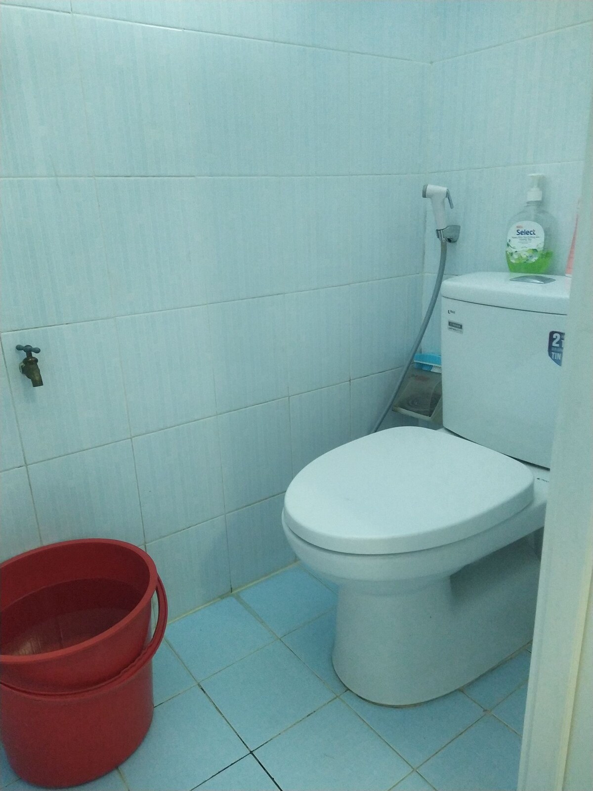 A compact bathroom is featured with light blue tiled walls. A white toilet is positioned beside a red bucket. A handhold shower is mounted on the wall, next to a bottle of hand soap on the tank.