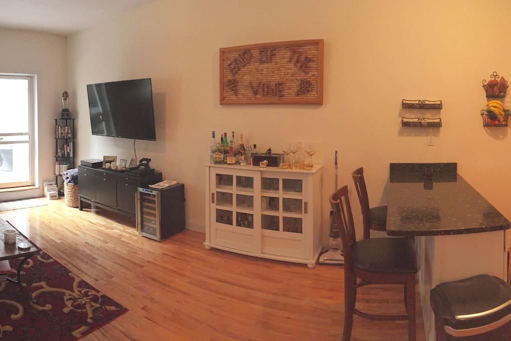 Full wide shot of the living room/kitchen as you enter the apartment.