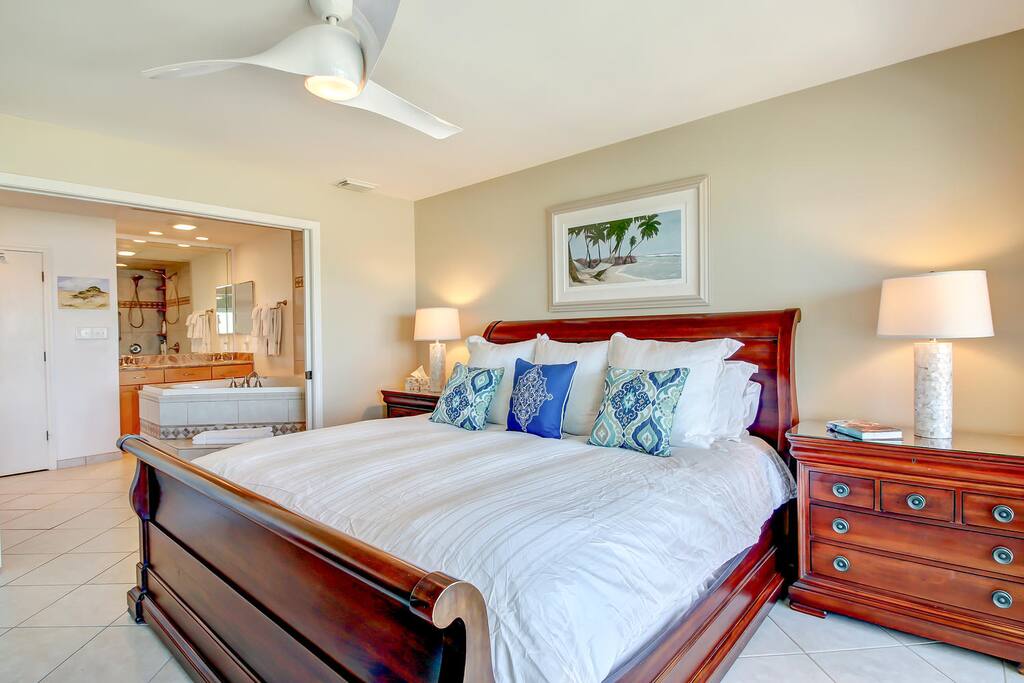 Ceiling fan is remote controlled. All lights dim to set the mood. Bluetooth Bose speakers.