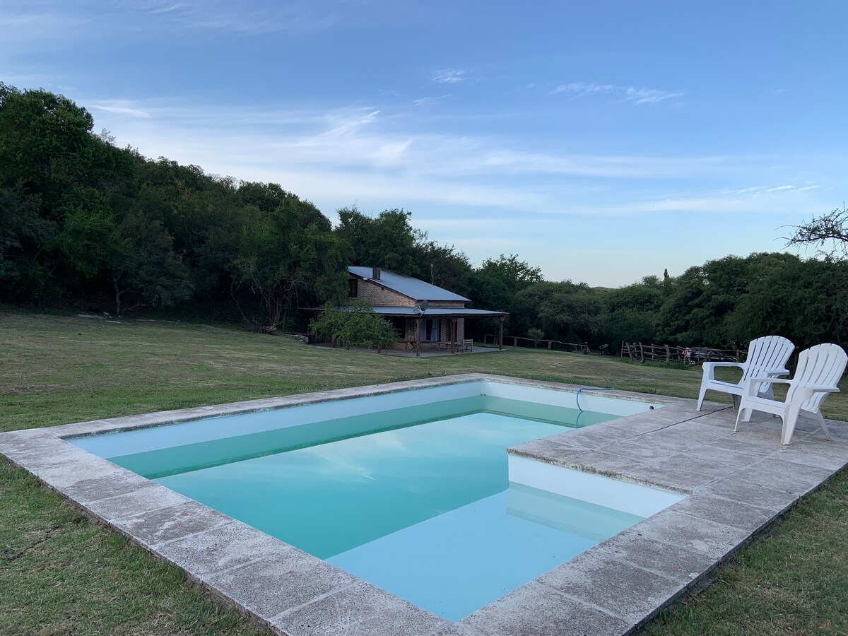 A serene swimming pool with clear water is set amidst a spacious grassy area. Two white chairs are positioned nearby, providing a place to relax. In the background, a rustic house is partially visible, surrounded by lush greenery.