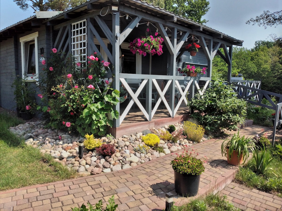 A charming gray cottage features a covered terrace with wooden railings and hanging flower pots. A stone pathway leads to the entrance, bordered by well-maintained gardens with various plants and flowers. The surrounding greenery offers a serene environment.