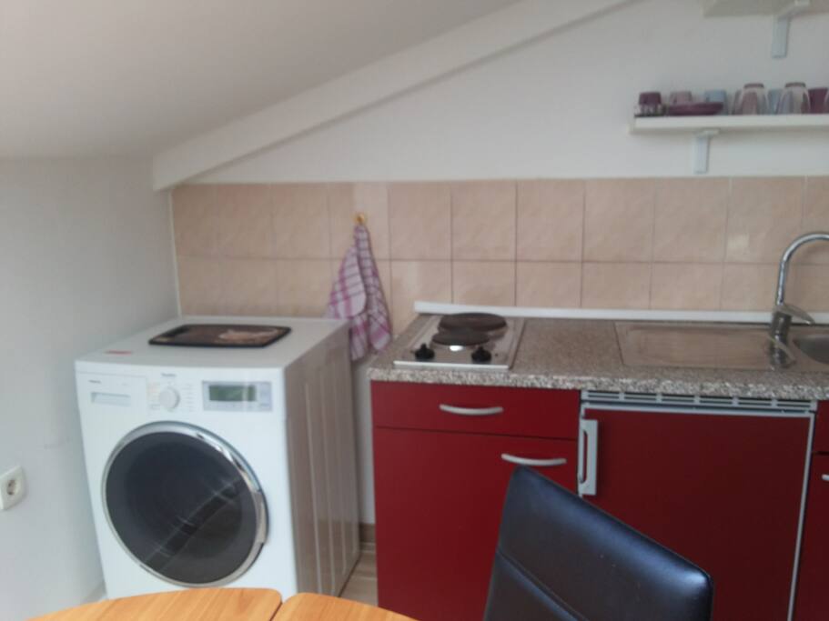 Large room which serves as the living, and bedroom, and a wing for the kitchen and a dining area.
