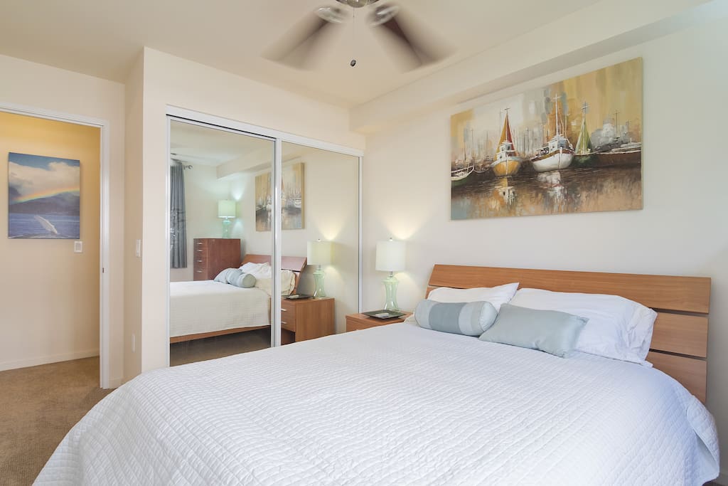 This beautiful bedroom has a queen size bed, black out curtains and AC.