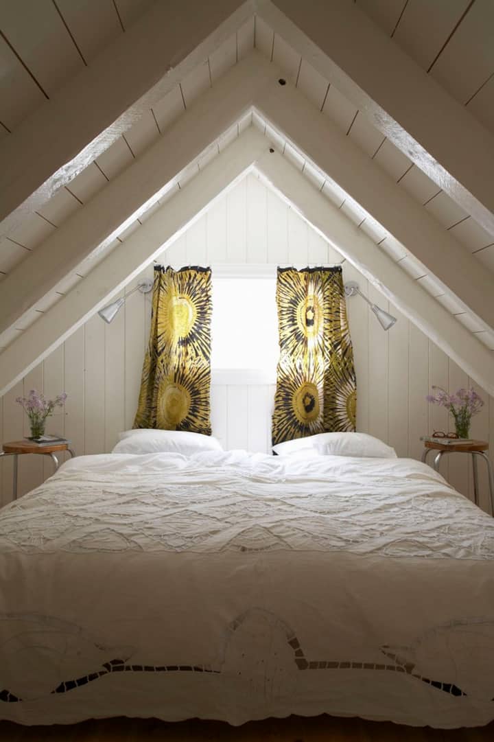 The bedroom in the attic with a double bed (two single beds) is small and charming.