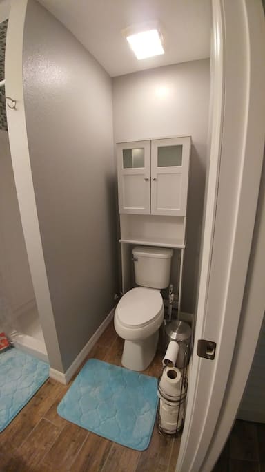 brand new bathroom with plenty of space for toiletries